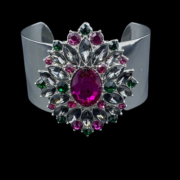 Statement Gem Cuff Bracelet Silver Glam Y2K Baddie Coquette Cocktail Party Bling - Picture 5 of 6